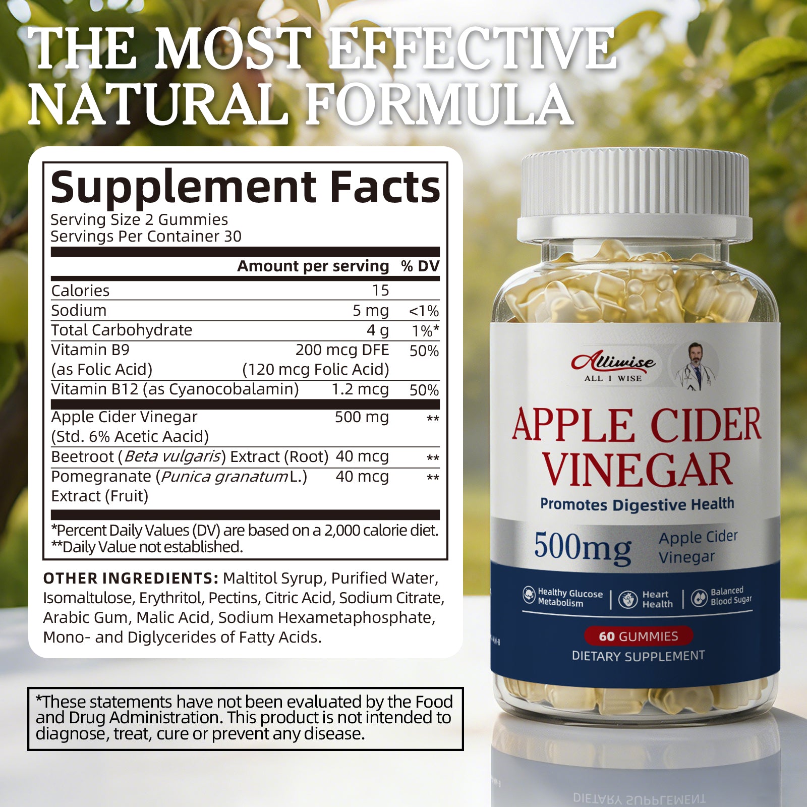 Alliwise® Apple Cider Vinegar Gummies 500mg (60 Gummies)