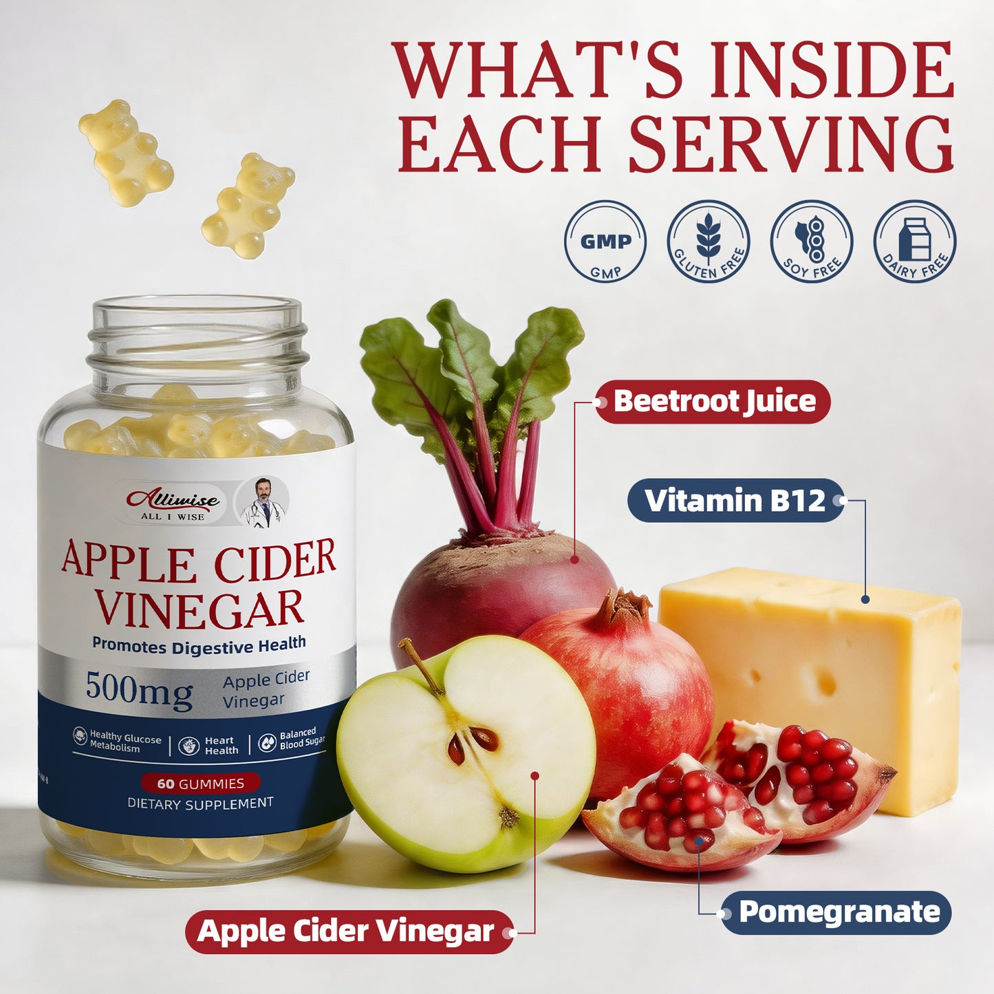 Alliwise® Apple Cider Vinegar Gummies 500mg (60 Gummies)