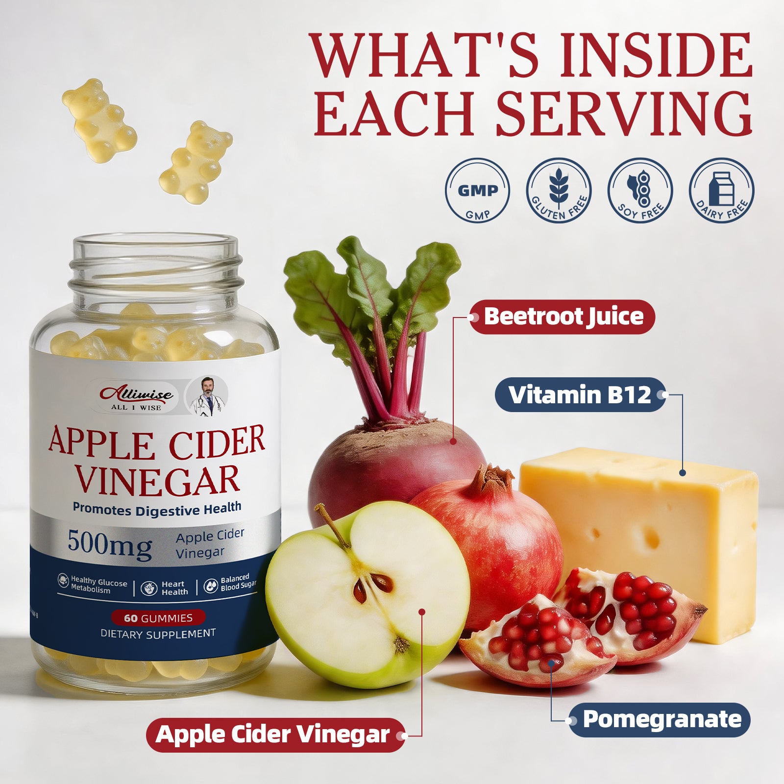 Alliwise® Apple Cider Vinegar Gummies 500mg (60 Gummies)