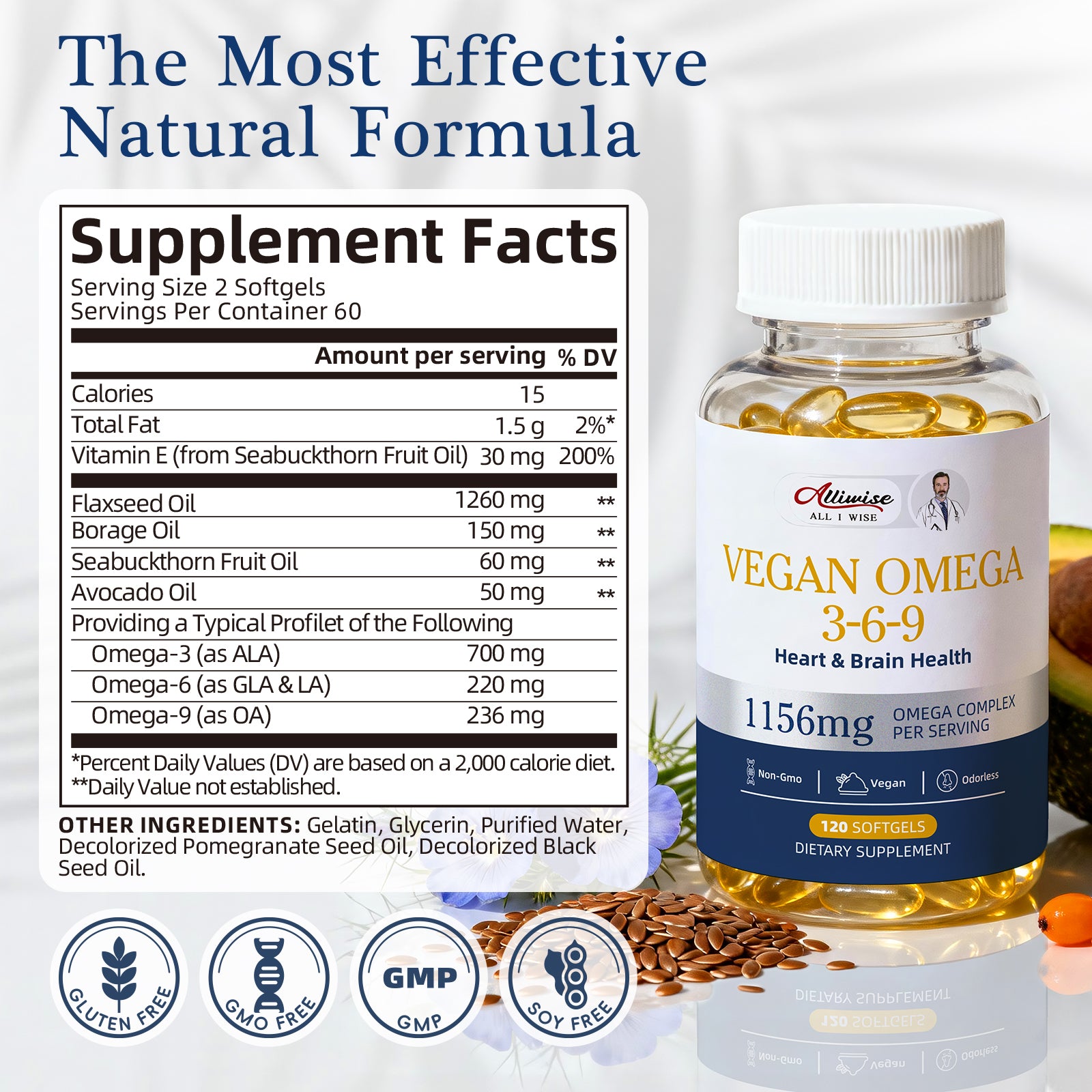 Alliwise® Vegan Omega 3-6-9 Softgels 1156mg - 120 Softgels