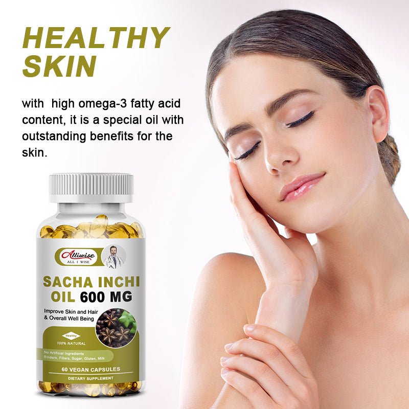 Alliwise Sacha Inchi Oil 600mg Rich Source of Omega 3, 6 and 9 and Antioxidants, Improve Skin and Hair Health & Overall Well Being, 120 Capsules