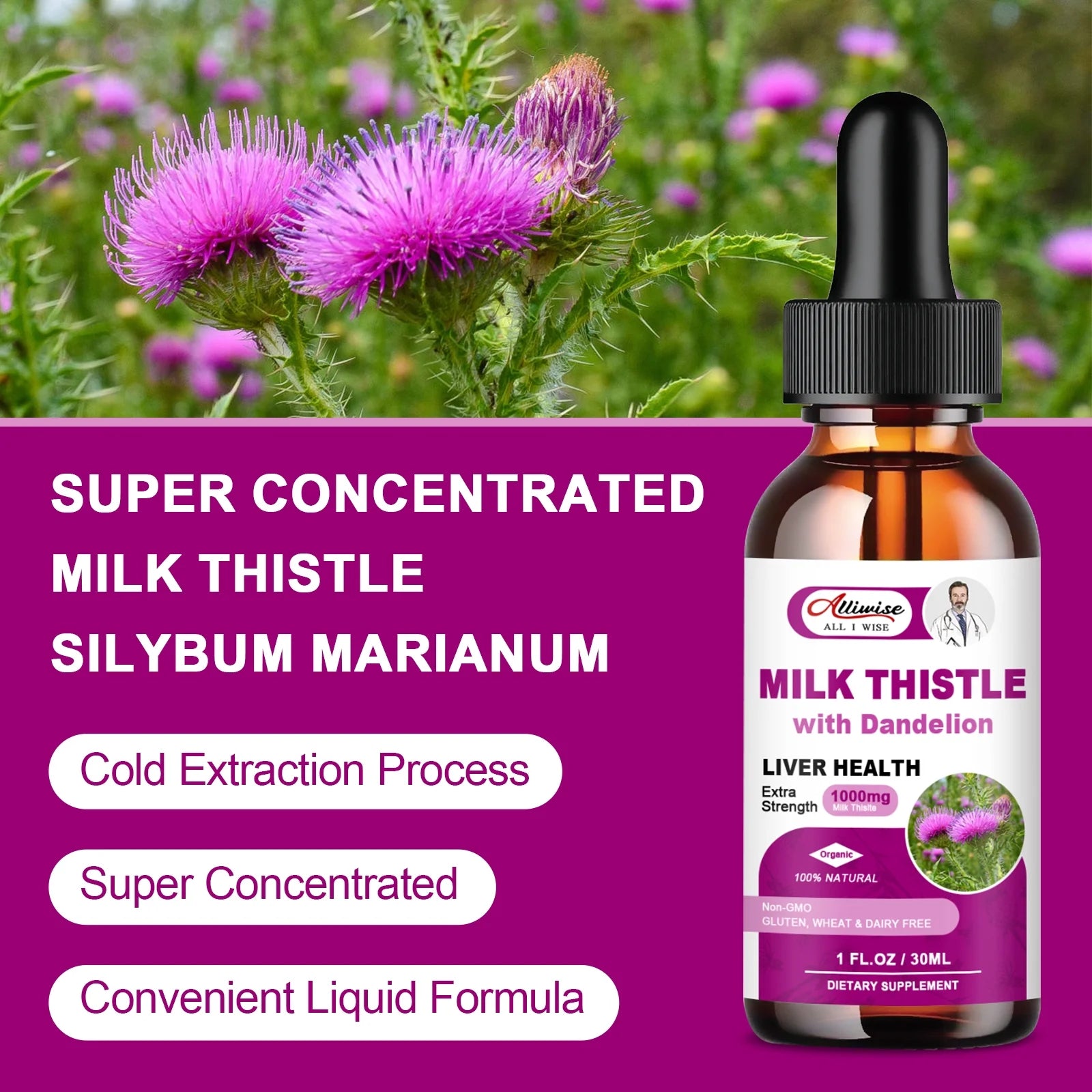 (2 Pack)Alliwise Milk Thistle Drops 1000mg,Silymarin Marianum & Dandelion Root Support Liver Health,Total 2Fl oz
