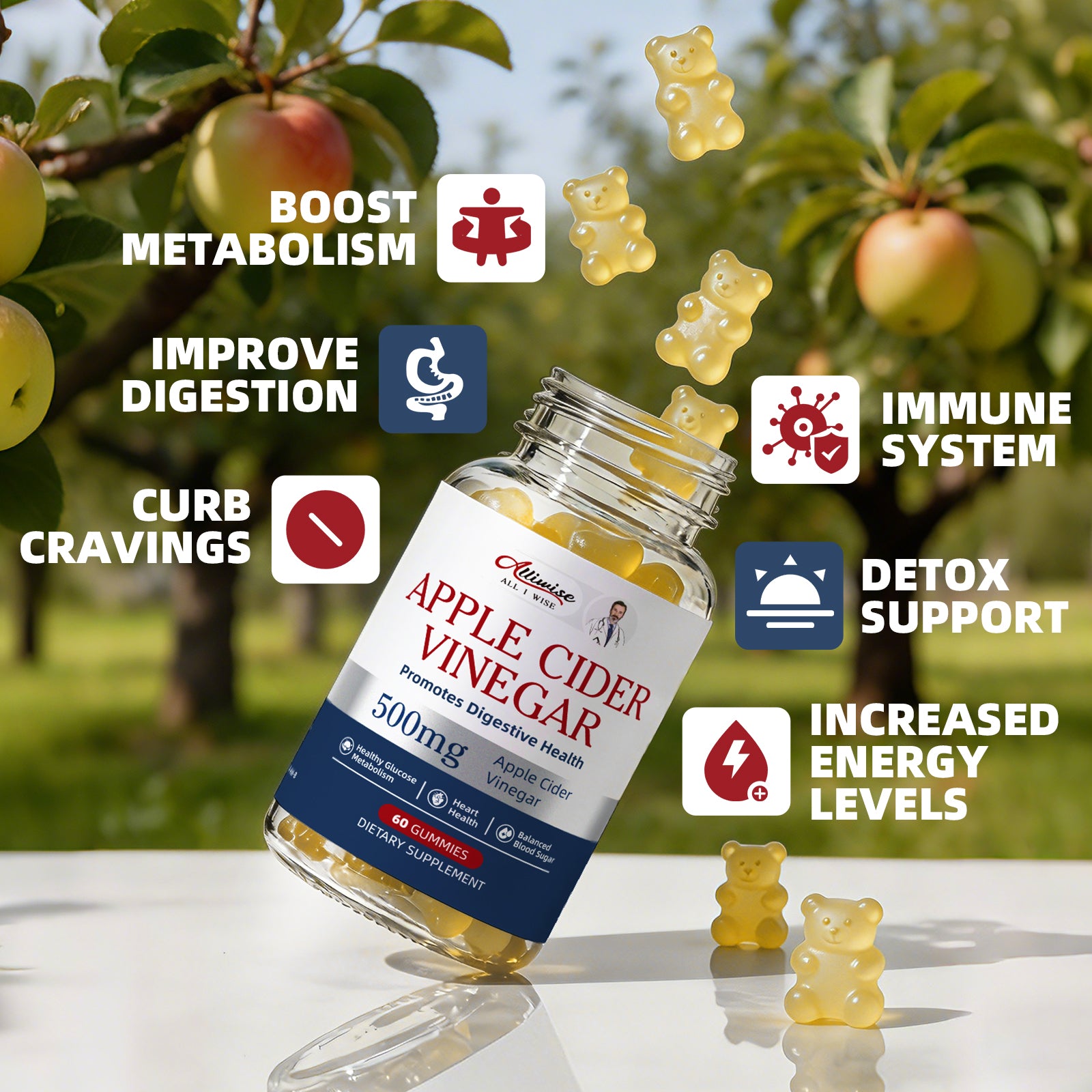 Alliwise® Apple Cider Vinegar Gummies 500mg (60 Gummies)