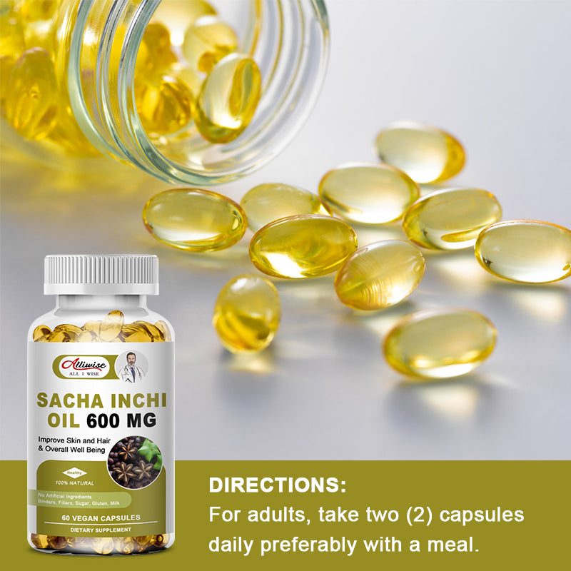 Alliwise Sacha Inchi Oil 600mg Rich Source of Omega 3, 6 and 9 and Antioxidants, Improve Skin and Hair Health & Overall Well Being, 120 Capsules