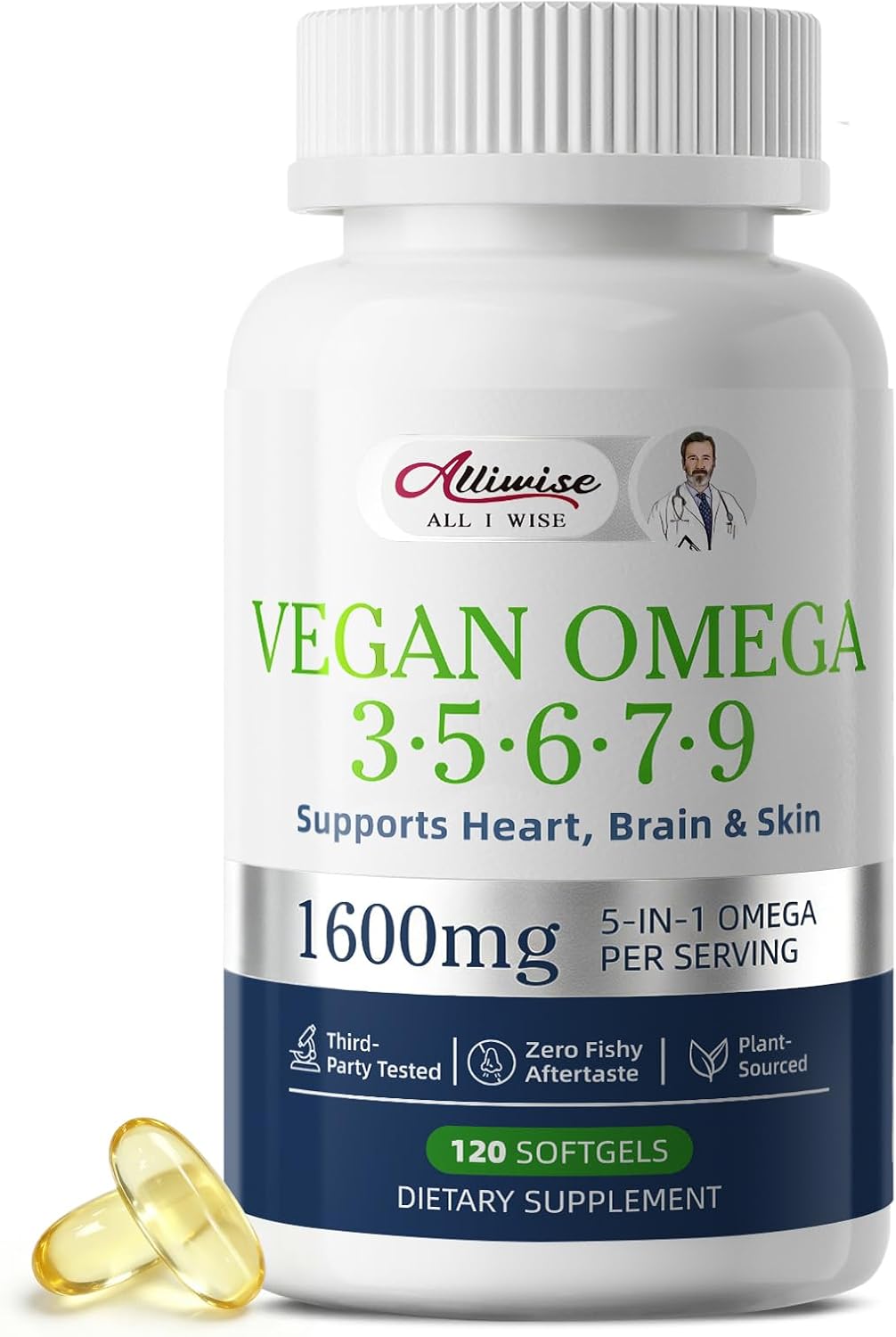 Full-Spectrum Vegan Omega 3·5·6·7·9 Complex — 1600mg Plant-Based Botanical Blend (120 Softgels)