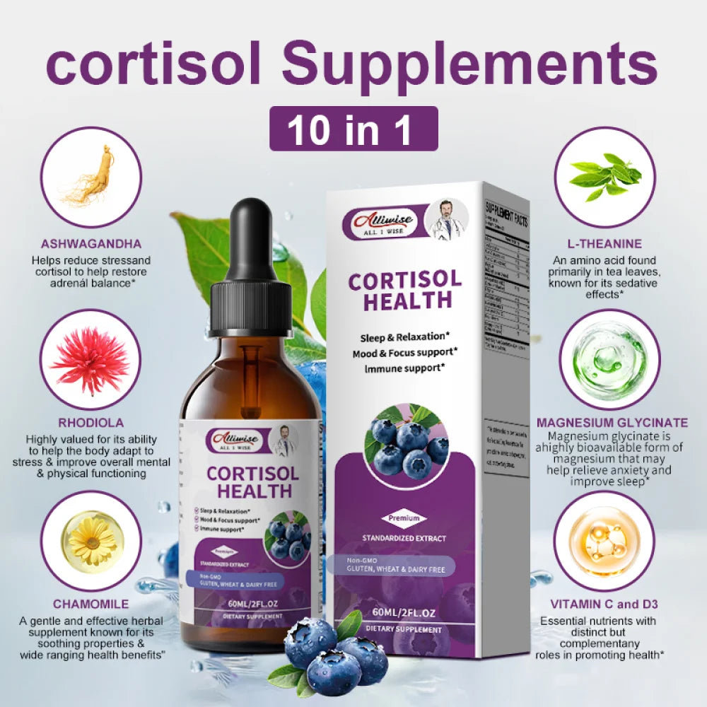 Cortisol Supplements for Women & Men, 10 in 1 Cortisol Manager Reducer with Magnesium, Ashwagandha, L-theanine - Hormone Balance & Mood Support - Sugar Free, Vegan, Non-GMO - 2 fl oz