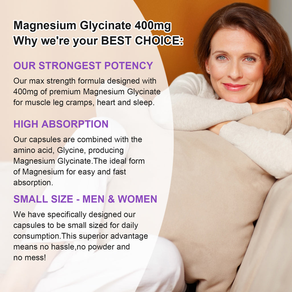High Absorption Magnesium Glycinate 400mg Softgels Supplement, 400 mg Elemental Magnesium with 100mg Calcium - Highly Bioavailable - with Vitamin D3 & K2, for Sleep, Mood, Brain Support