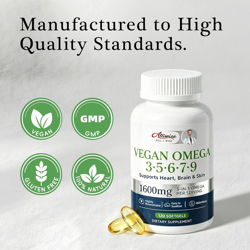 Full-Spectrum Vegan Omega 3·5·6·7·9 Complex — 1600mg Plant-Based Botanical Blend (120 Softgels)