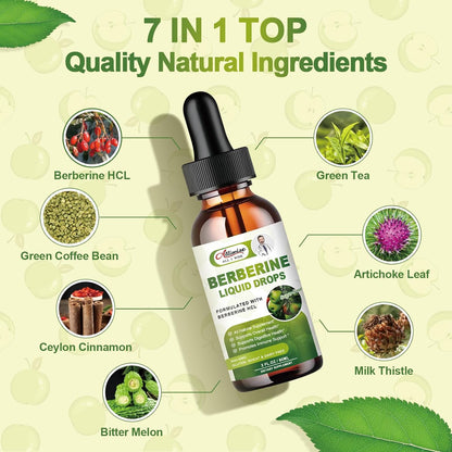 Organic Berberine Supplement Liquid Drops - Premium Berberine HCL 1500mg with Pure Ceylon Cinnamon-7 in 1 Natural Ingredients - Supports Immune System & Digestive System