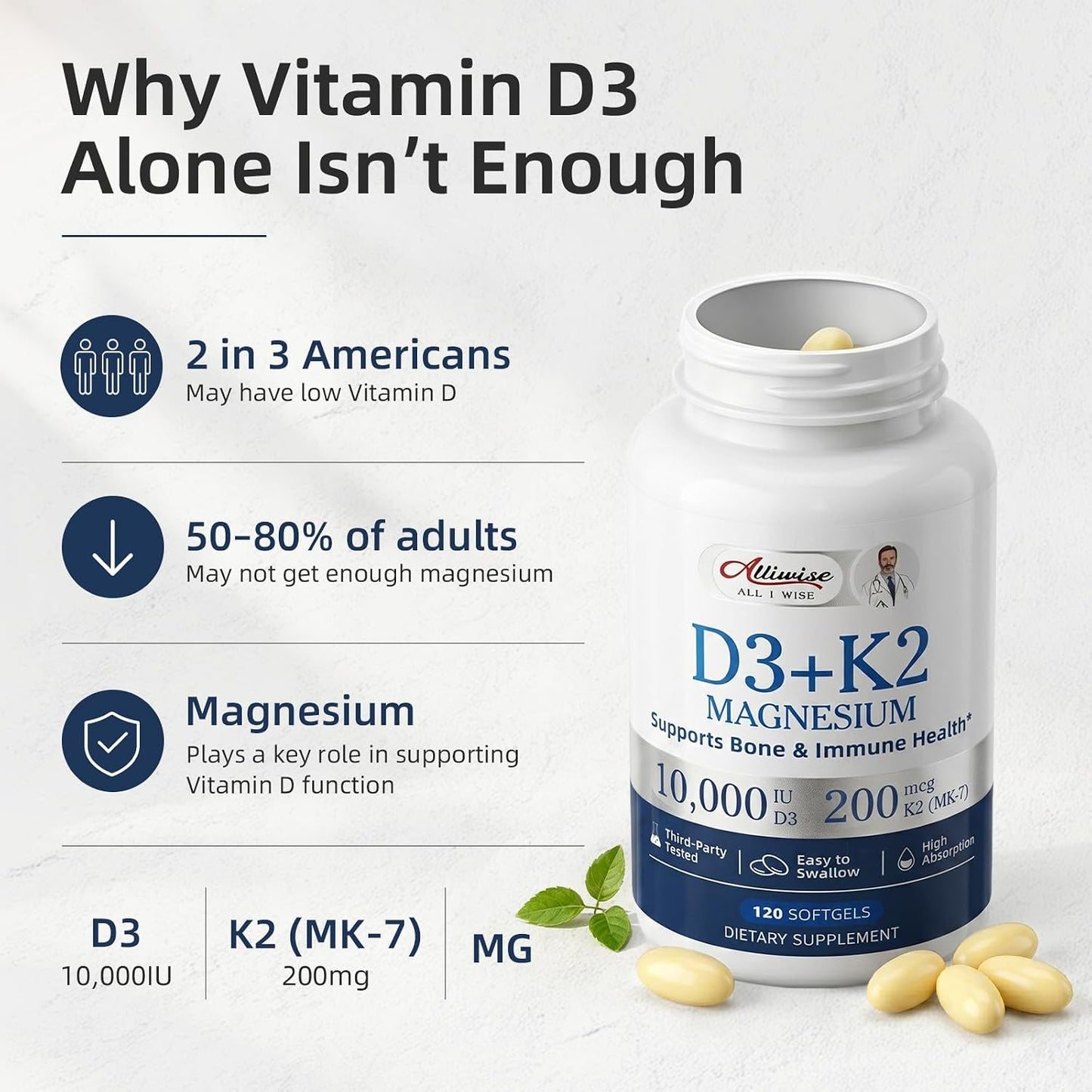 Alliwise d3 k2 Vitamin 10000 iu with Magnesium sofgels