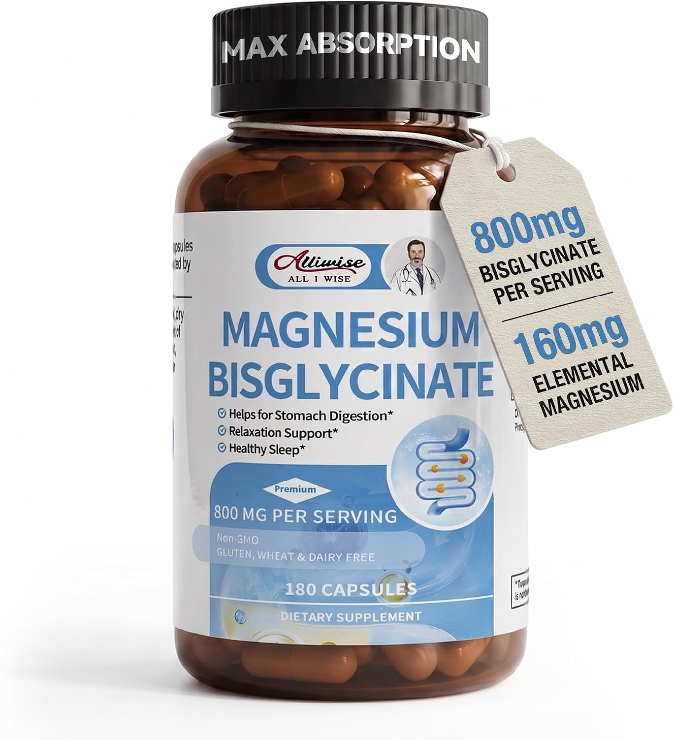 Alliwise Chelated Magnesium Bisglycinate 800mg | 180 Capsules