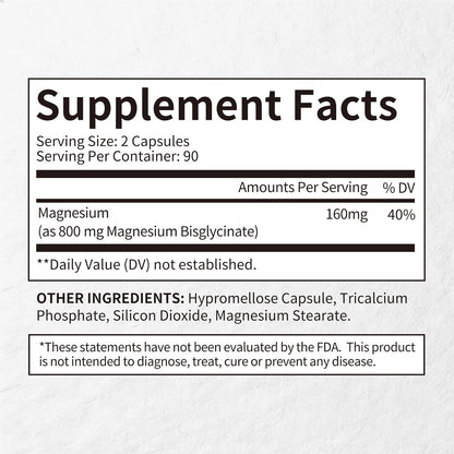 Magnesium Glycinate Capsules, Magnesium Bisglycinate 800mg Chelated, Maximum Absorption, Gentle on Stomach, Small Easy to Swallow, Supports Restful Sleep, Muscle, Bone Health 180 Counts