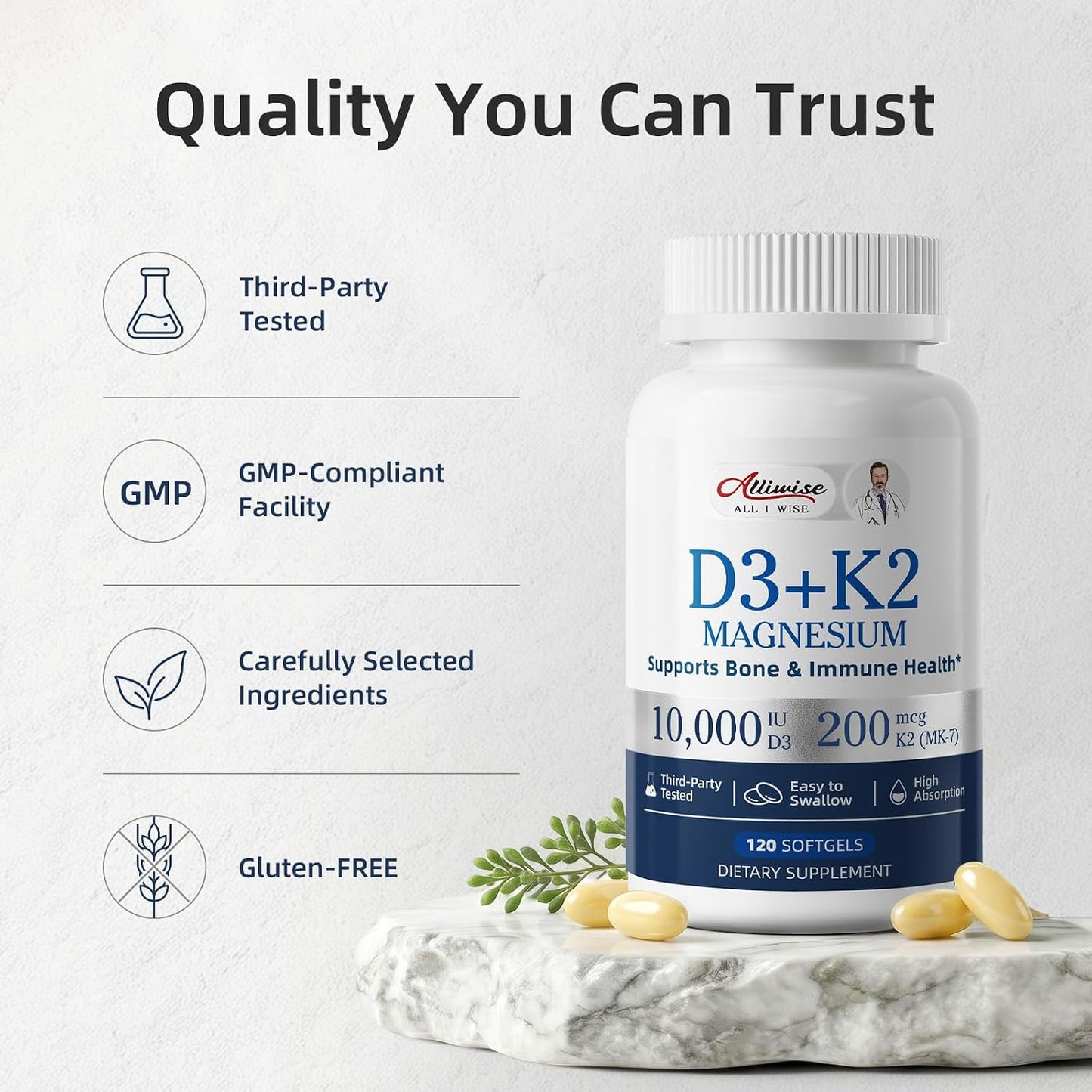Alliwise d3 k2 Vitamin 10000 iu with Magnesium sofgels