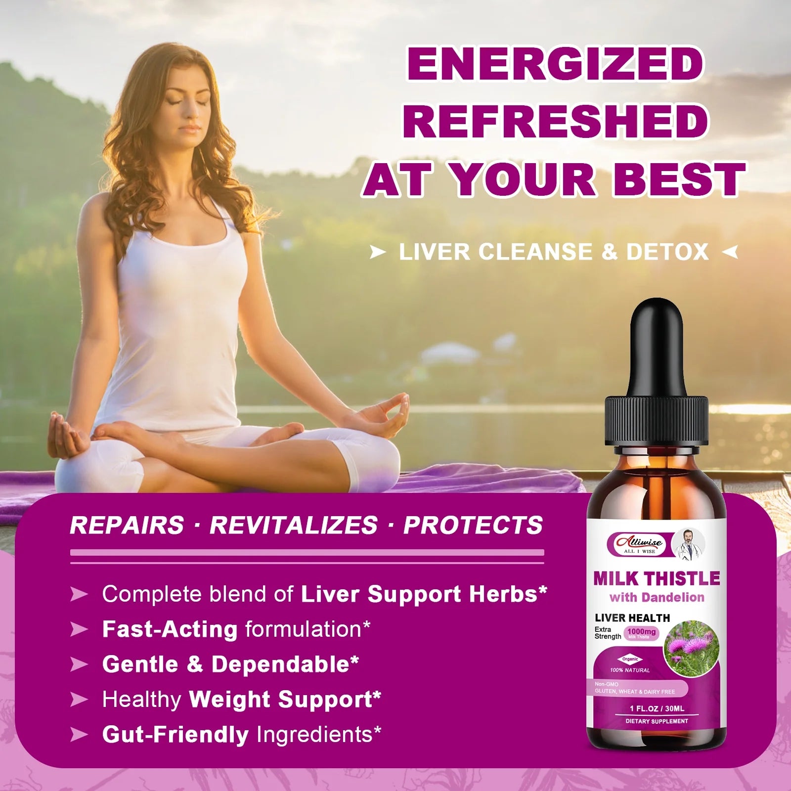 (2 Pack)Alliwise Milk Thistle Drops 1000mg,Silymarin Marianum & Dandelion Root Support Liver Health,Total 2Fl oz