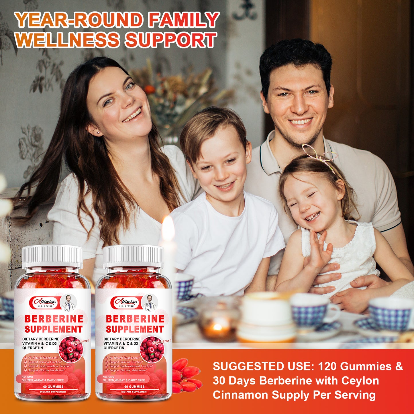 Sugar-Free Berberine Supplement Gummies, Organic Berberine HCL 1500mg with Ceylon Cinnamon, Quercetin, Multivitamin, Support Immune & Gastrointestinal Function & Glucose Metabolism for Women & Men