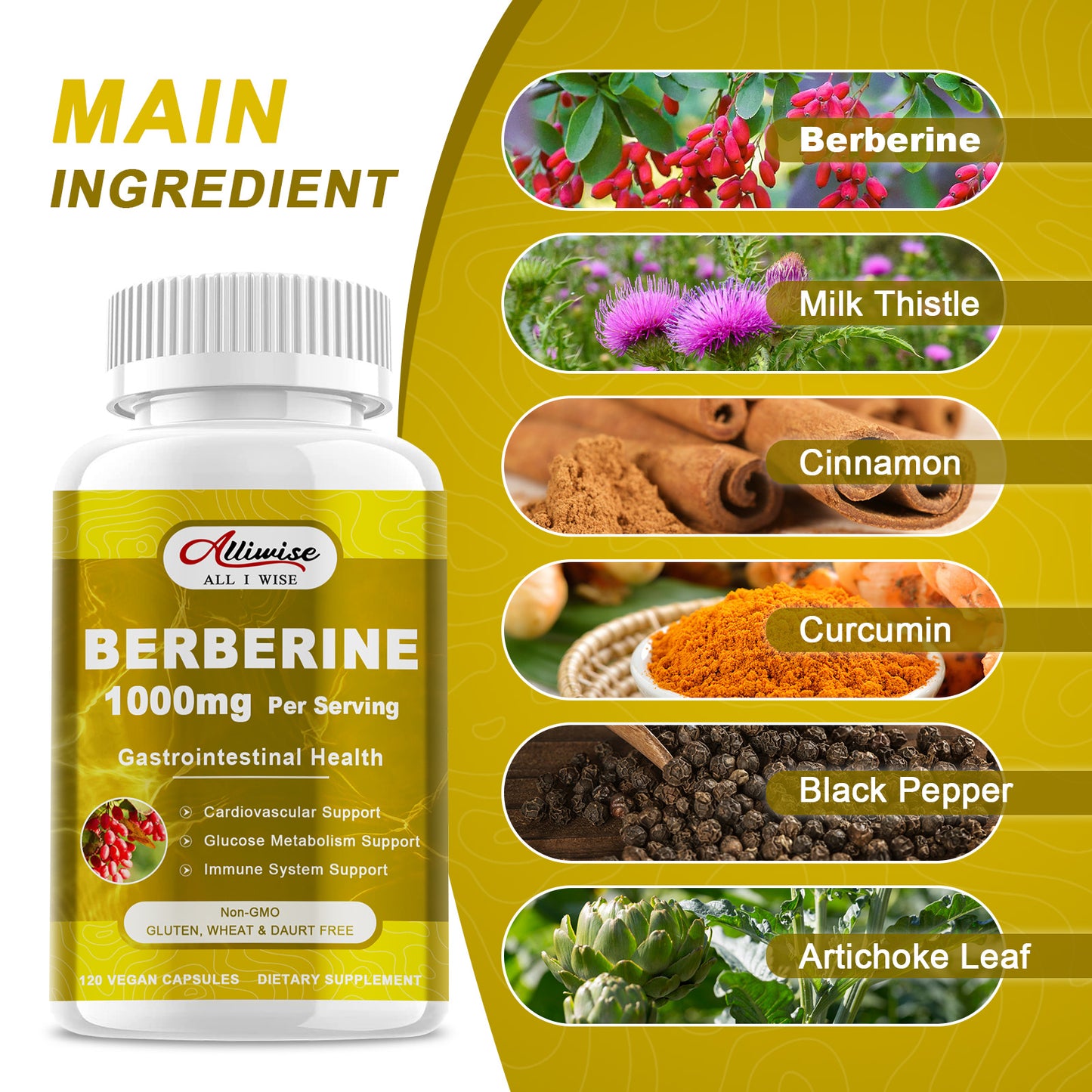 Alliwise Berberine 1000mg Per Serving Capsules