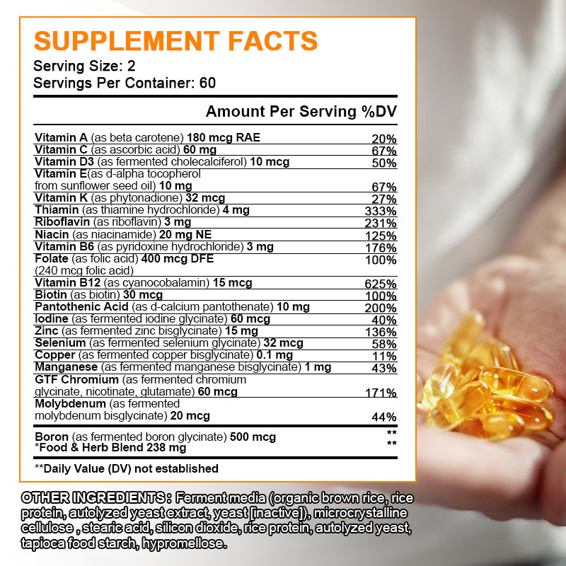 Multivitamin & Minerals Capsules with Iron, Methylfolate, Zinc 15mg, Vitamin D3 10mcg & K 32mcg To Improve Immunity Boost Energy Healthy Hair & Skin & Nails for Women