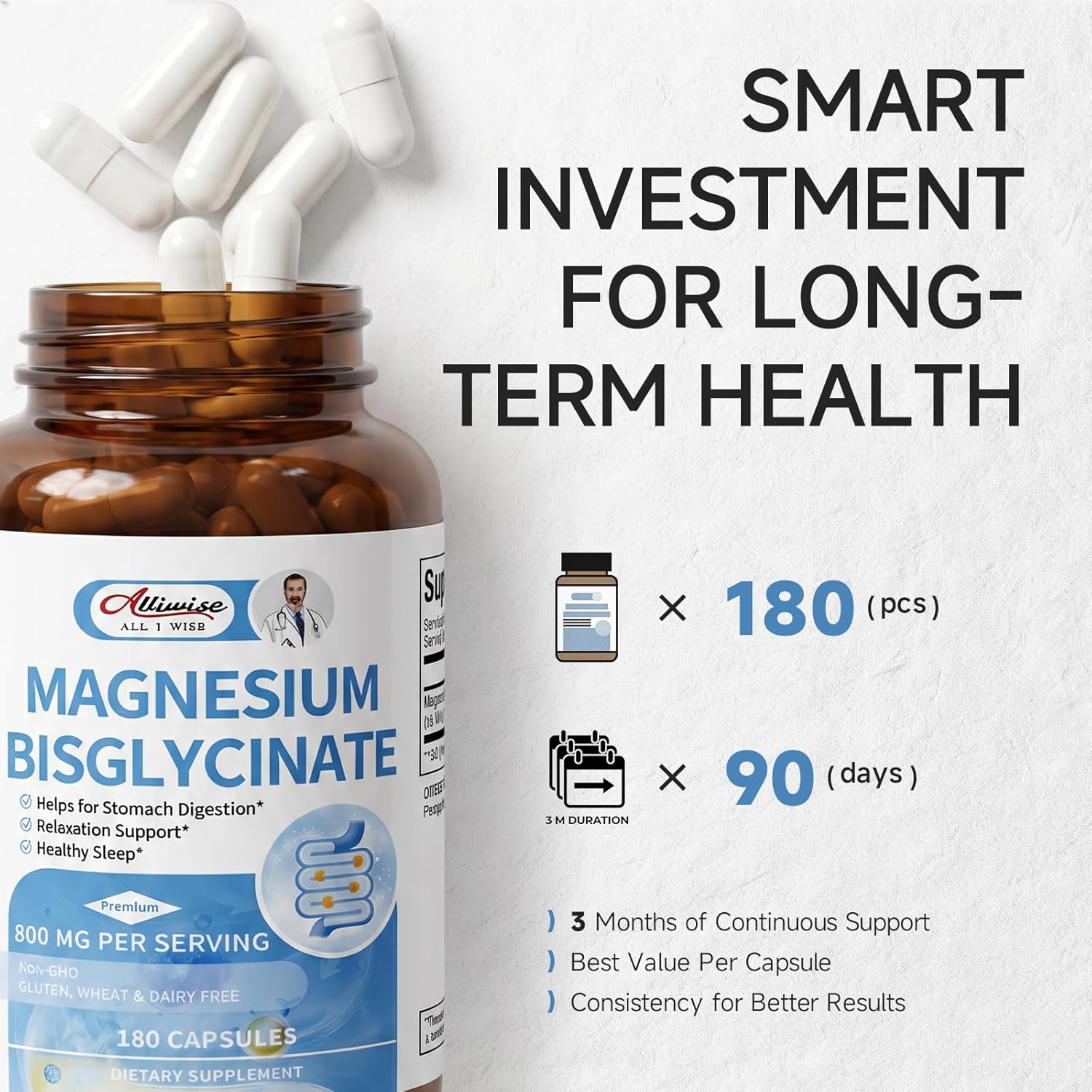 Alliwise Chelated Magnesium Bisglycinate 800mg | 180 Capsules