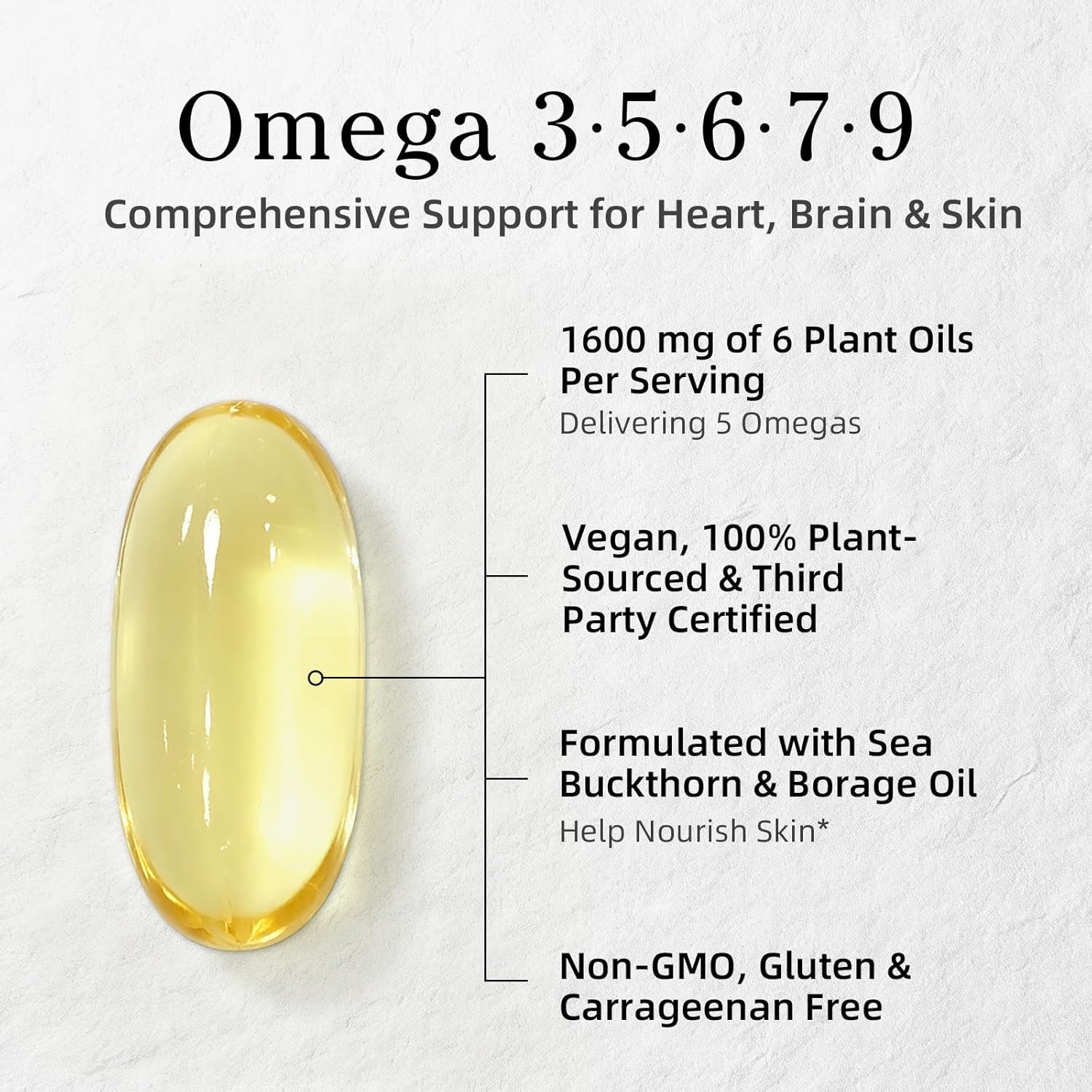 Full-Spectrum Vegan Omega 3·5·6·7·9 Complex — 1600mg Plant-Based Botanical Blend (120 Softgels)