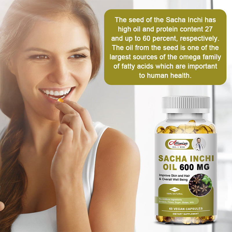 Alliwise Sacha Inchi Oil 600mg Rich Source of Omega 3, 6 and 9 and Antioxidants, Improve Skin and Hair Health & Overall Well Being, 120 Capsules
