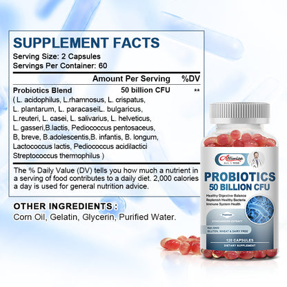 Alliwise Digestive Probiotic Soft Capsules 50 Billion CFU Daily Supplement Supports Immune/Digestive/Prostate/Gut Health and Respiratory Health For Man & Woman