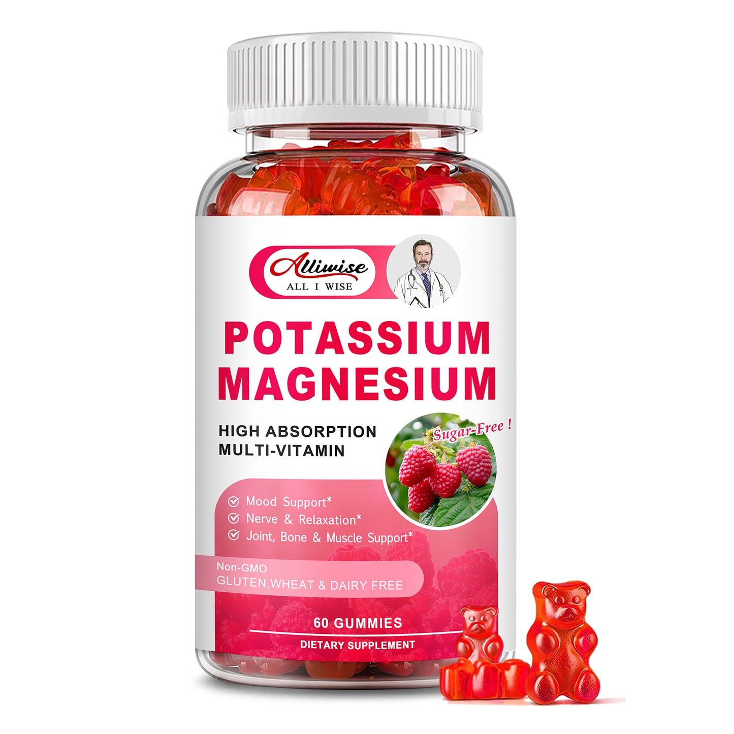 Potassium Magnesium Gummies for Bone & Muscle Relaxation,Mood & Energy Raspberry Flavor