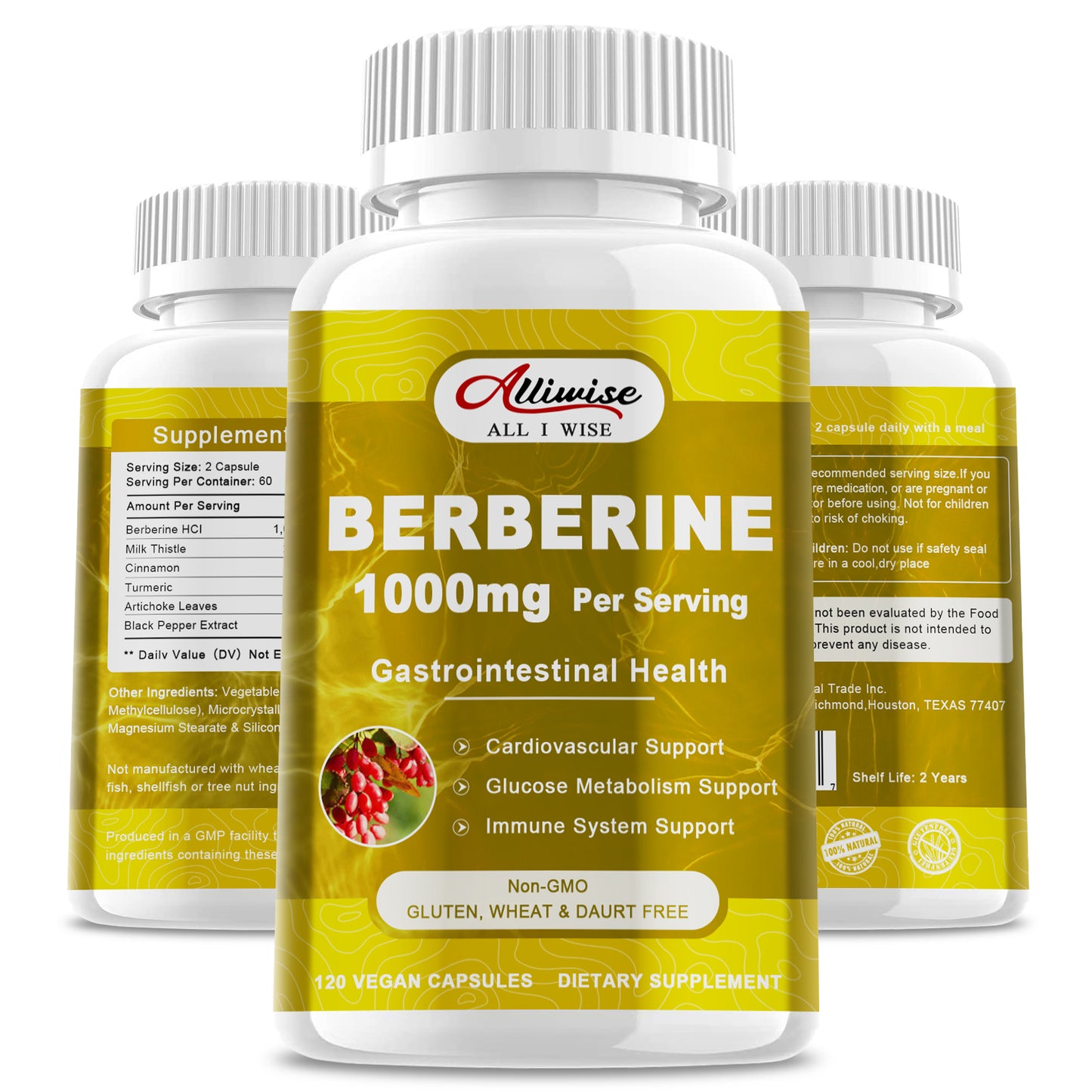 Alliwise Berberine 1000mg Per Serving Capsules