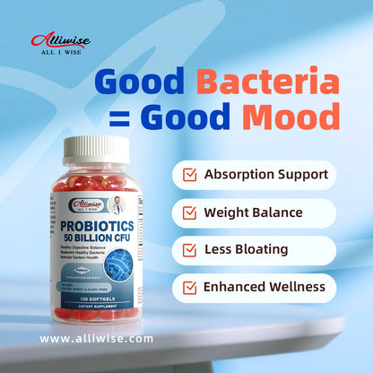 Alliwise Digestive Probiotic Soft Capsules 50 Billion CFU Daily Supplement Supports Immune/Digestive/Prostate/Gut Health and Respiratory Health For Man & Woman