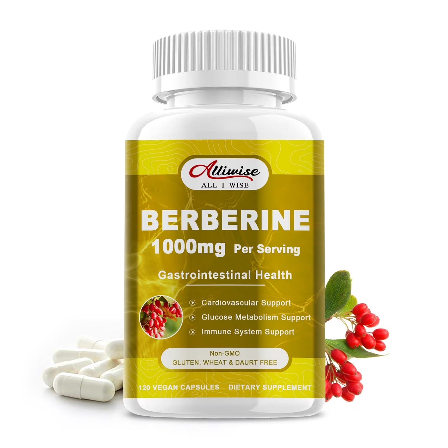Alliwise Berberine HCL 1000mg Plus Organic Ceylon Cinnamon,Support Gastrointestinal Health,Reduce Blood Lipid,Sugar Support,120 Capsules