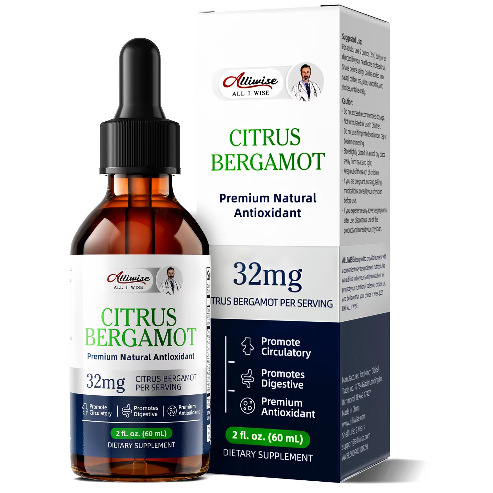 Citrus Bergamot Supplement, Citrus Bergamot Liquid Drops - Heart & Digestive Support, 2 Fl Oz (60mL)