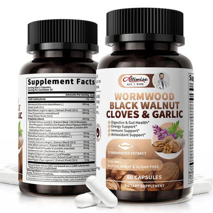 Black Walnut Wormwood Capsules, Rapid Gut Cleanse & Digestive Health with Clove Garlic Turmeric,wormwood black walnut complex, Vegan Gluten-Free, 60 Capsules