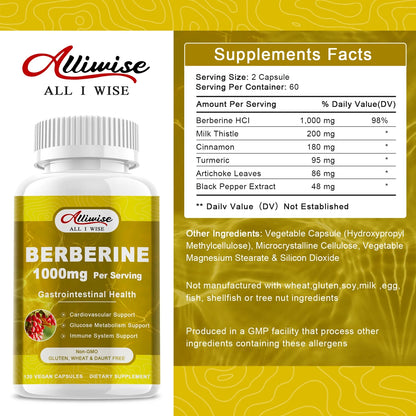 Alliwise Berberine HCL 1000mg Plus Organic Ceylon Cinnamon,Support Gastrointestinal Health,Reduce Blood Lipid,Sugar Support,120 Capsules