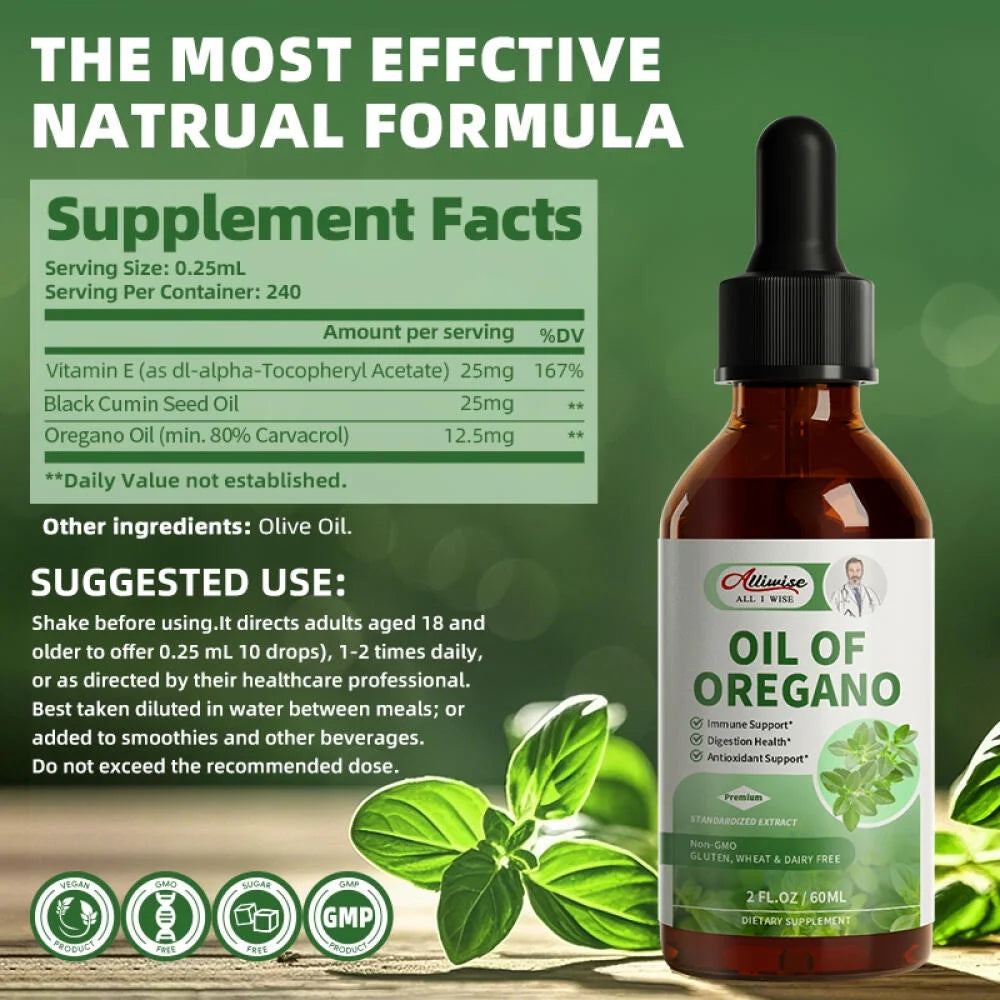 Oregano Oil Liquid Drops - Organic Oil of Oregano Drops Liquid Tincture Extract - Herbal Supplement for Immune Support, Digestive Gut Health - Pure Vegan Non-GMO, 2 fl oz