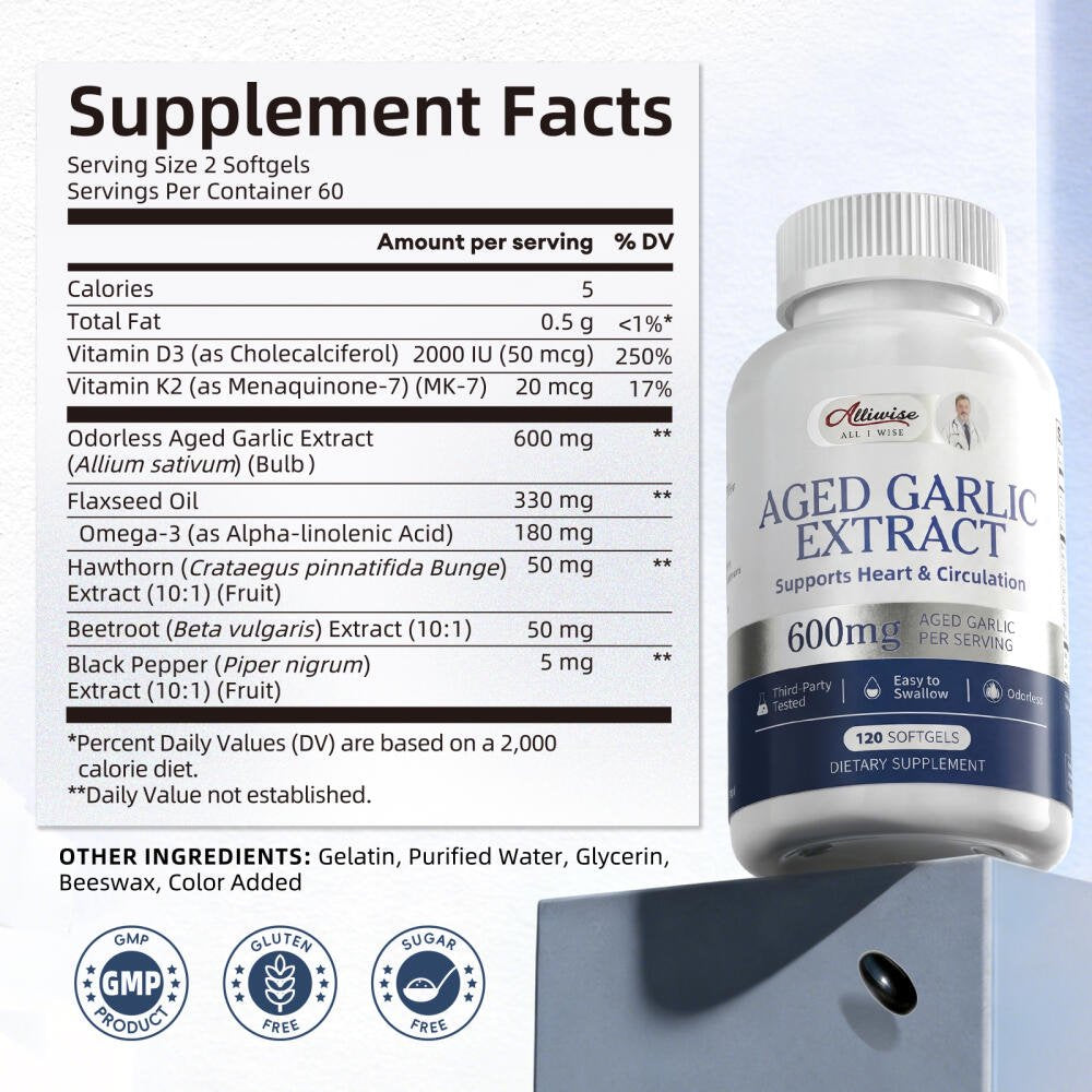 Aged Garlic Extract Softgels - Odorless Aged Garlic Extract Supplement - Heart Health & Immune Support - 120 Softgels