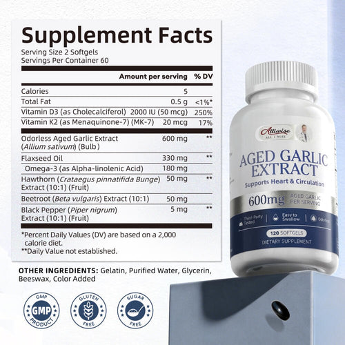 Aged Garlic Extract Softgels - Odorless Aged Garlic Extract Supplement - Heart Health & Immune Support - 120 Softgels