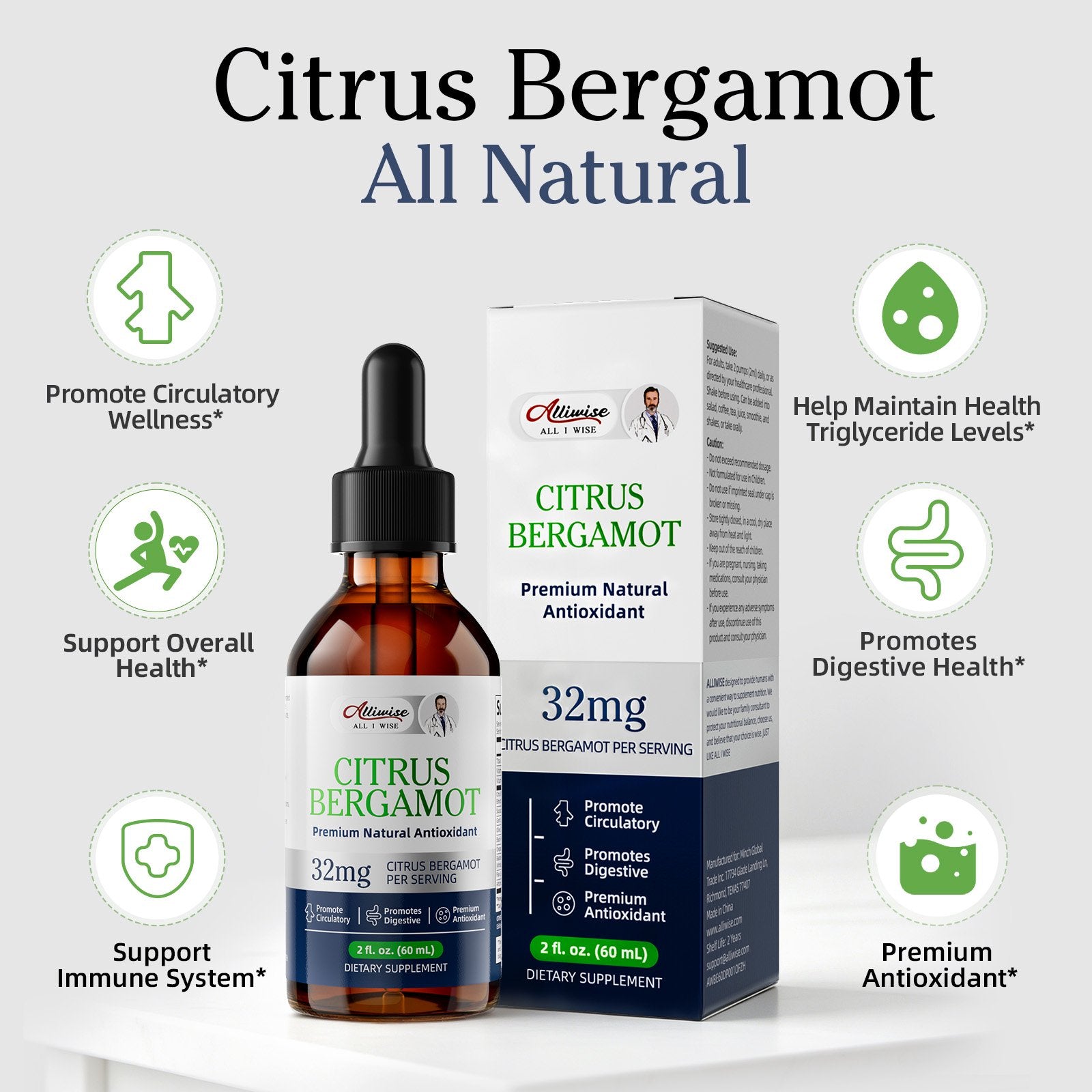 Citrus Bergamot Supplement, Citrus Bergamot Liquid Drops - Heart & Digestive Support, 4 Fl Oz, 2 Pack