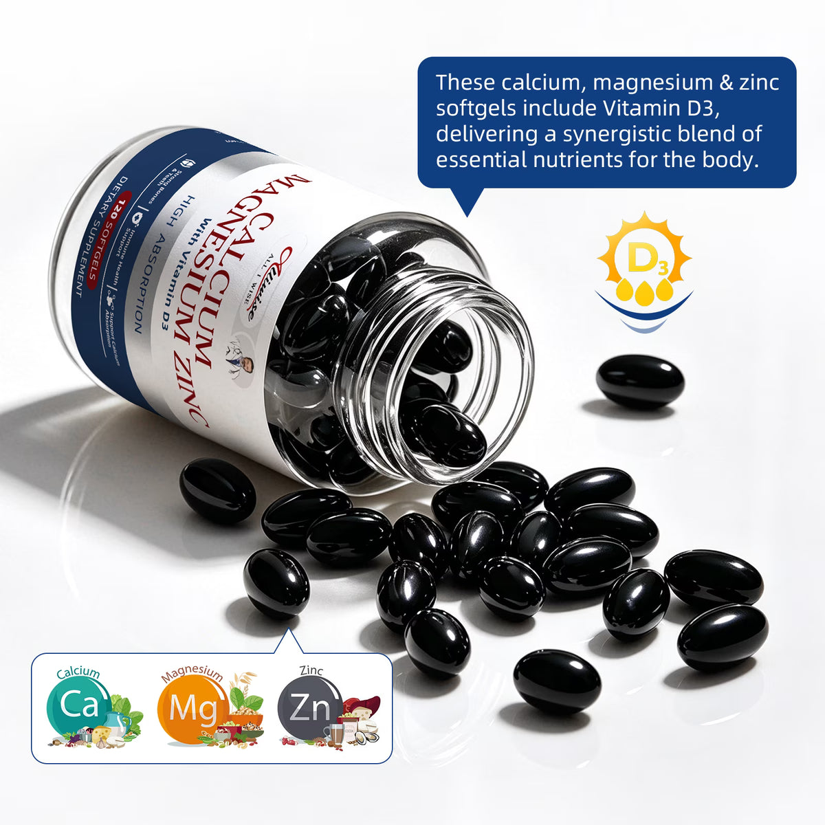 Calcium Citrate Capsule with Vitamin D,Calcium Magnesium Zinc Supplement,Support Bone & Muscle 120 Capsules