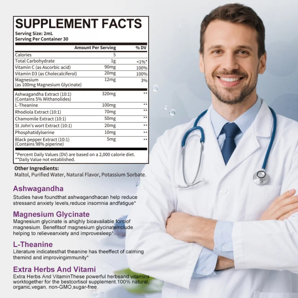 Cortisol Supplements for Women & Men, 10 in 1 Cortisol Manager Reducer with Magnesium, Ashwagandha, L-theanine - Hormone Balance & Mood Support - Sugar Free, Vegan, Non-GMO - 4 fl oz, 2 Pack