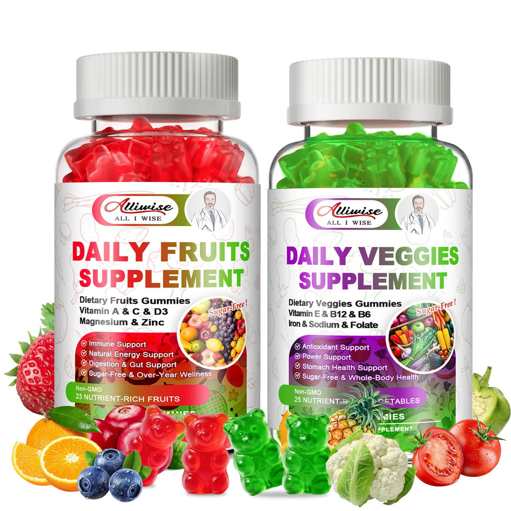 Sugar-Free Fruits & Veggies Gummies, Super Greens with 23 Fruits & 25 Veggies, Multivitamin Minerals & Fiber, Vegan Fruit & Vegetable Supplement for Adults, 120 Gummies, 2 Month Supply