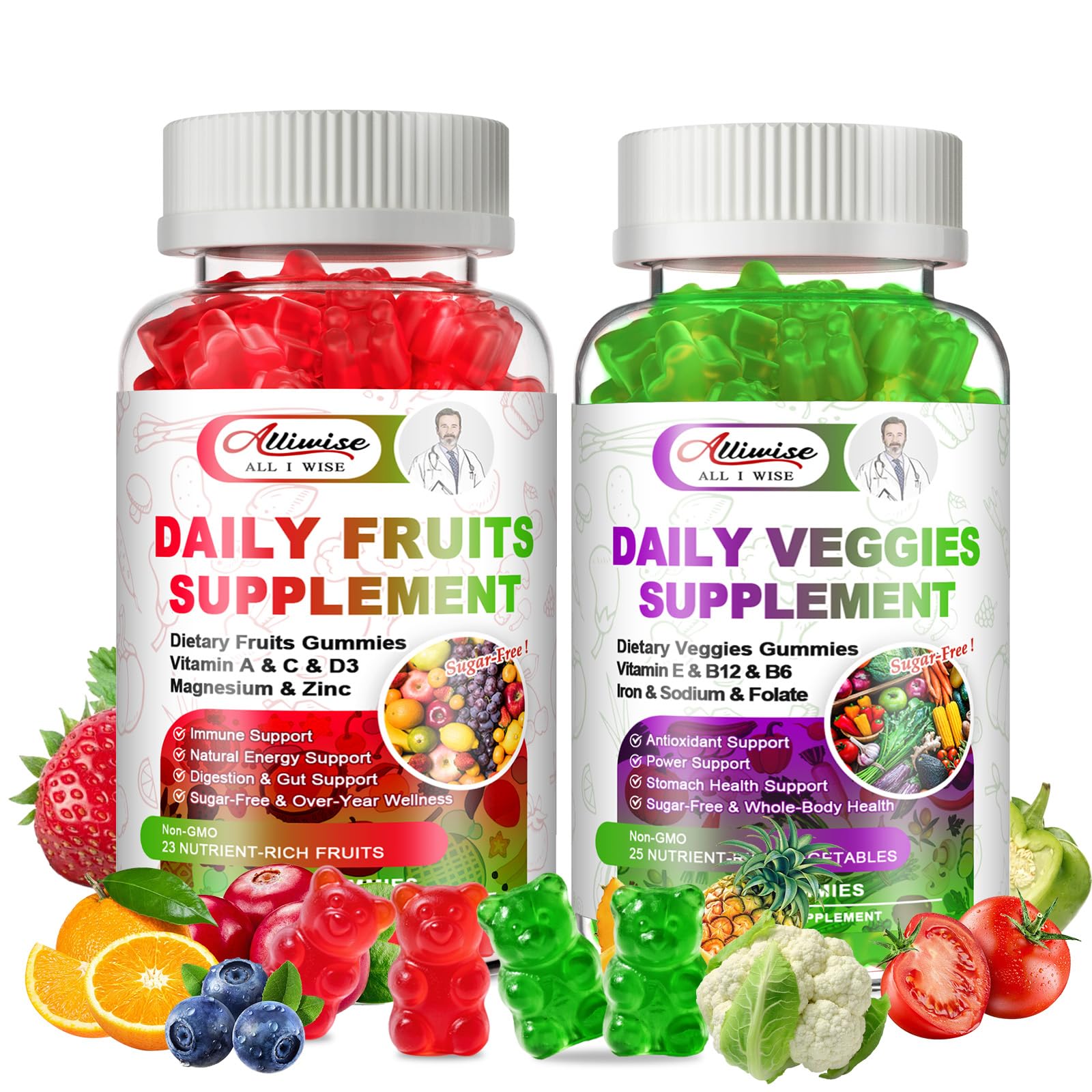 Sugar-Free Fruits & Veggies Gummies, Super Greens with 23 Fruits & 25 Veggies, Multivitamin Minerals & Fiber, Vegan Fruit & Vegetable Supplement for Adults, 120 Gummies, 2 Month Supply