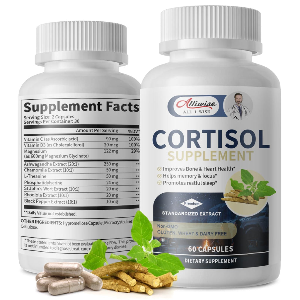 Alliwise Cortisol Support Capsules Balanced Botanical Support for Mind & Body Wellness 60 Count