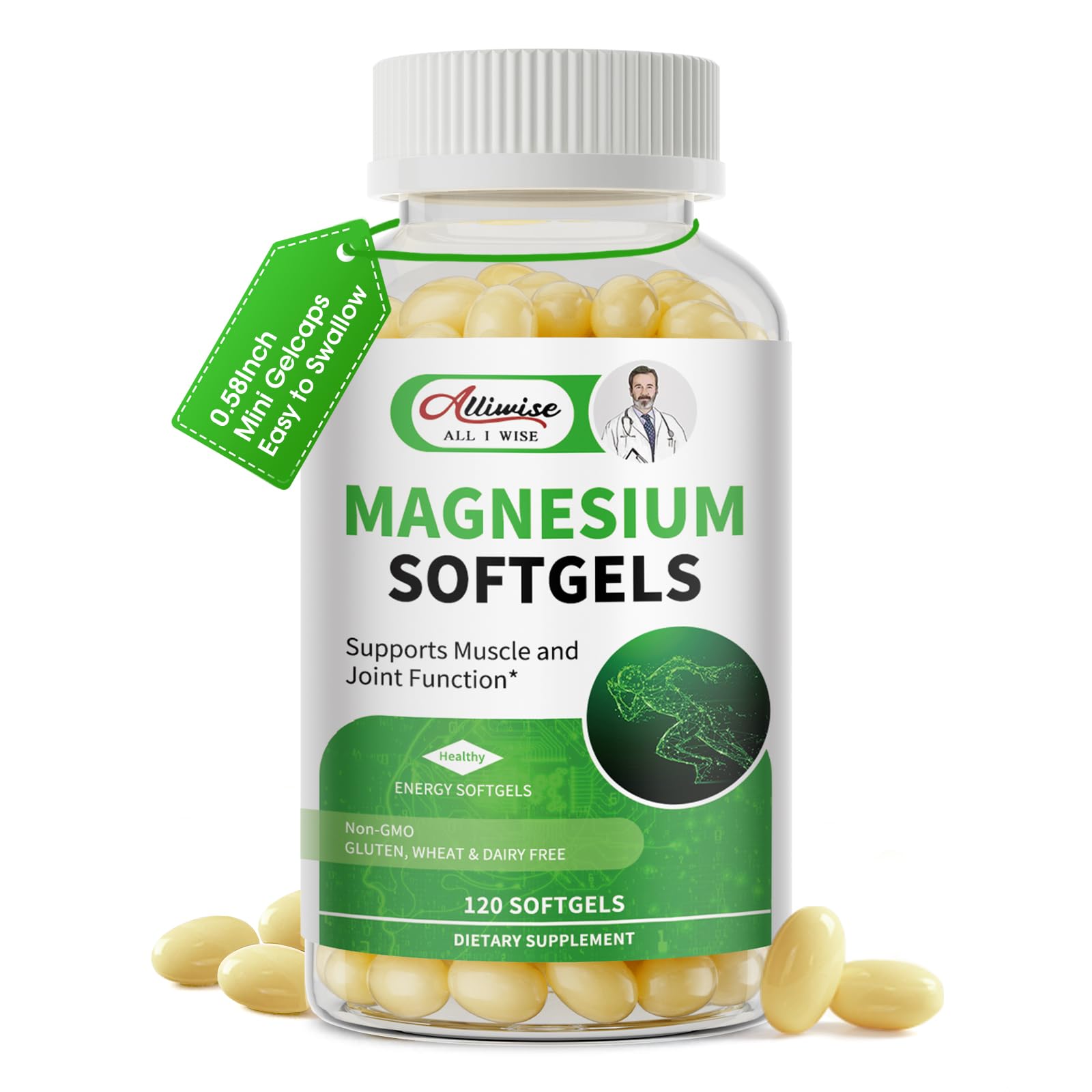 Alliwise Magnesium Glycinate 500mg Softgels – High Absorption, Easy to Swallow, Sleep & Muscle Support, Non-GMO, 120 Gelcaps (60-Day Supply)