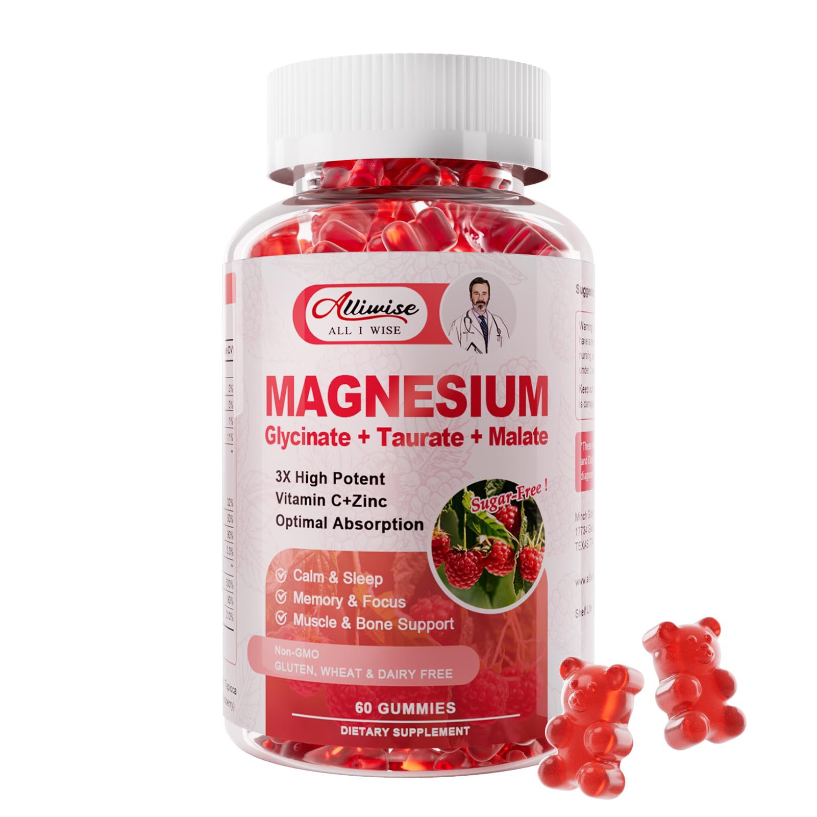 Magnesium Glycinate Gummies for Adults&Kids Raspberry Flavor 60pcs
