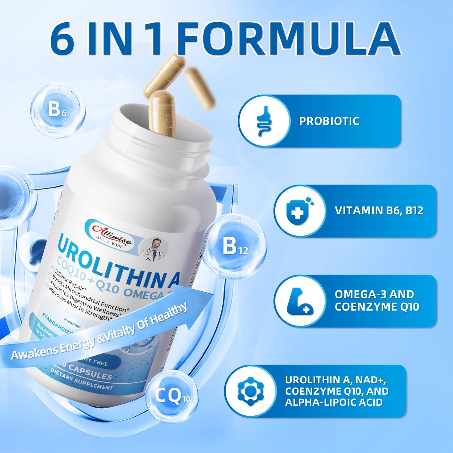 Urolithin A Supplement 1500mg,with NAD+, CoQ10, Omega-3 & Probiotics for Mitochondrial,Cellular Health,Digestive & Gut Health