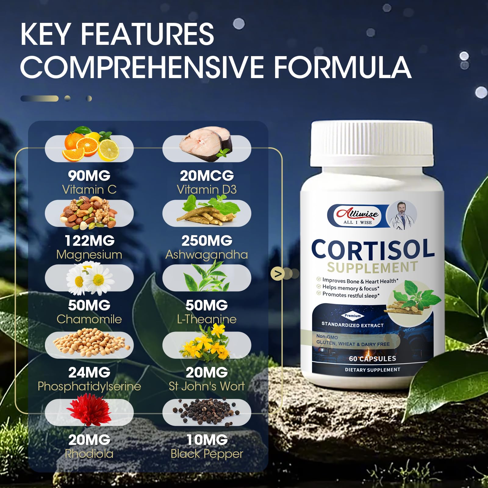 Alliwise Cortisol Support Capsules Balanced Botanical Support for Mind & Body Wellness 60 Count