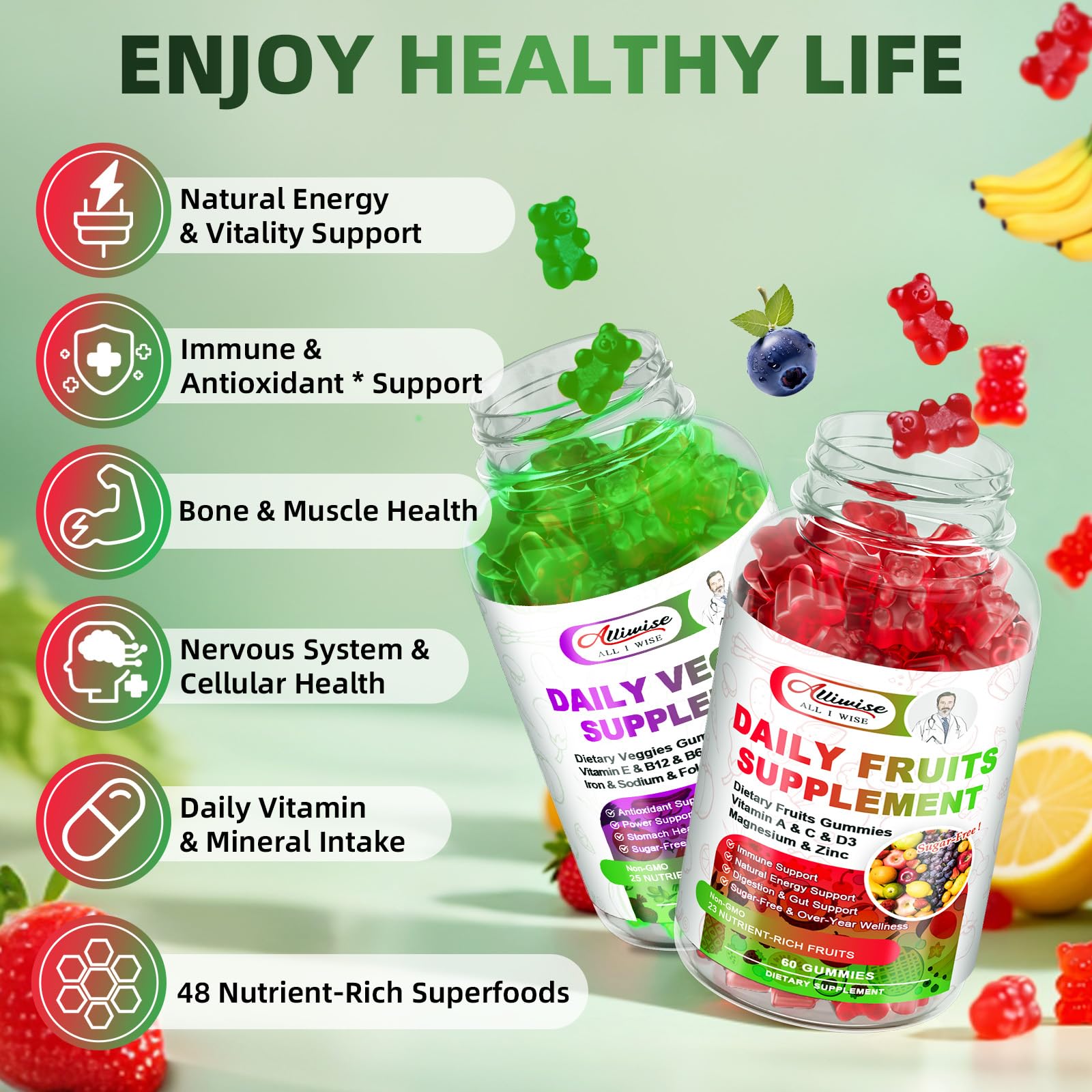 Sugar-Free Fruits & Veggies Gummies, Super Greens with 23 Fruits & 25 Veggies, Multivitamin Minerals & Fiber, Vegan Fruit & Vegetable Supplement for Adults, 120 Gummies, 2 Month Supply