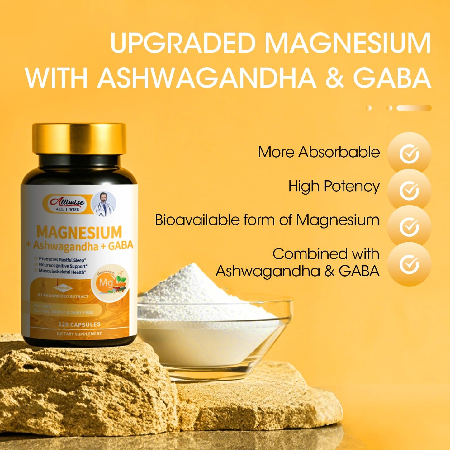 Magnesium Supplement + Ashwagandha & GABA, Magneium Glycinate, Taurate, Malate Complex for Clam Sleep, Muscles Recovery, Nerves, & Energy Support, High Absorption Vegan, Non-GMO - 120 ct