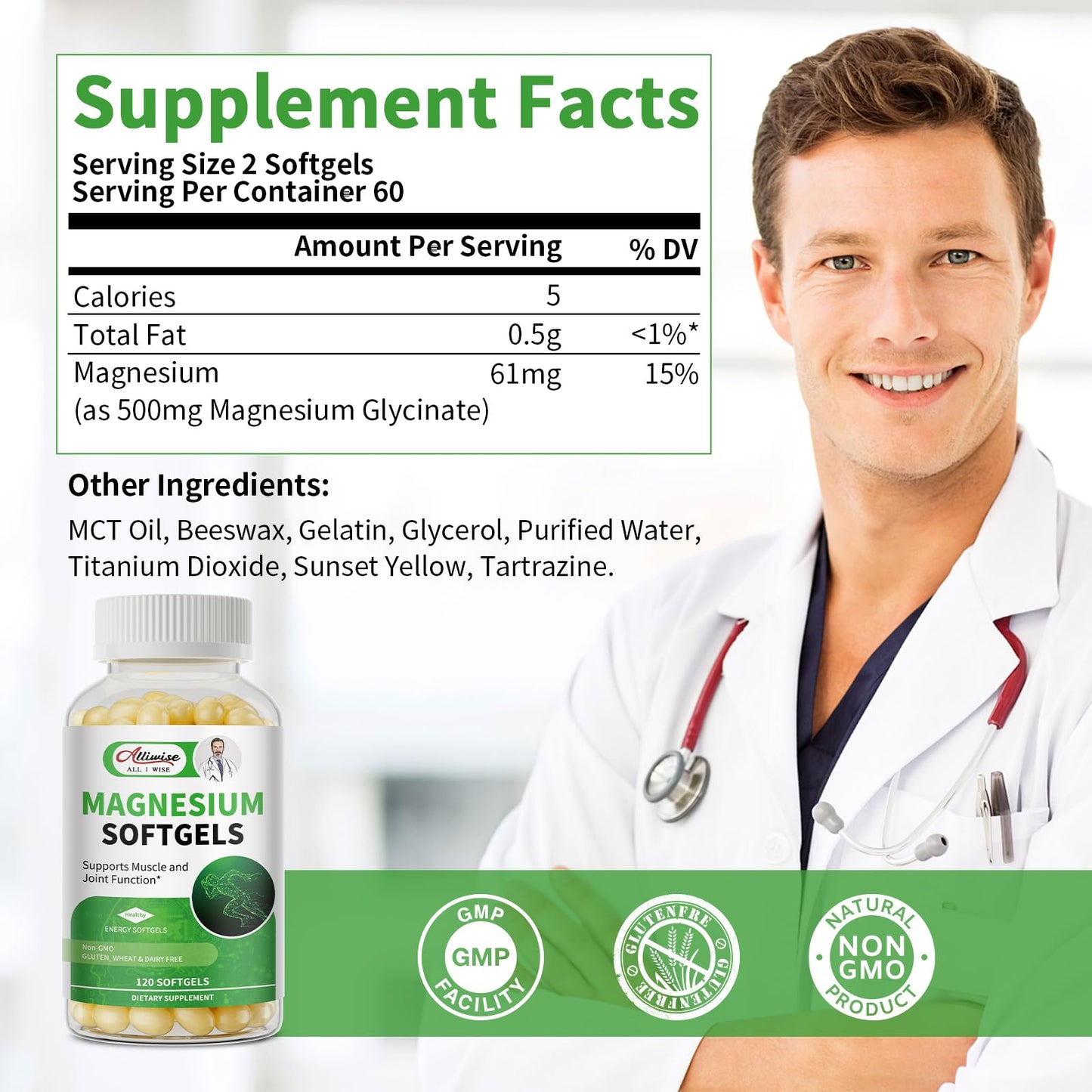 Alliwise Magnesium Glycinate 500mg Softgels – High Absorption, Easy to Swallow, Sleep & Muscle Support, Non-GMO, 120 Gelcaps (60-Day Supply)