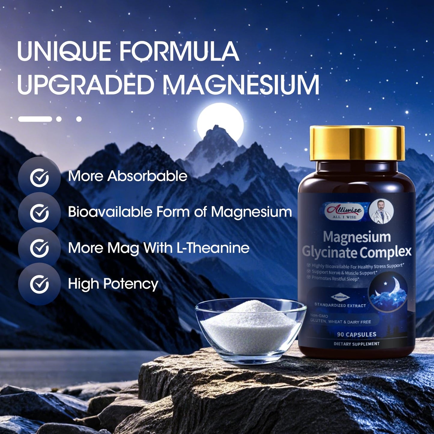 Magnesium Glycinate Complex, High Absorption Vegan Magnesium Supplement for Women and Men, Sleep Support* Promotes Relaxation, Heart, Muscle & Bone Support*, Gluten, Dairy and Soy Free -90 ct