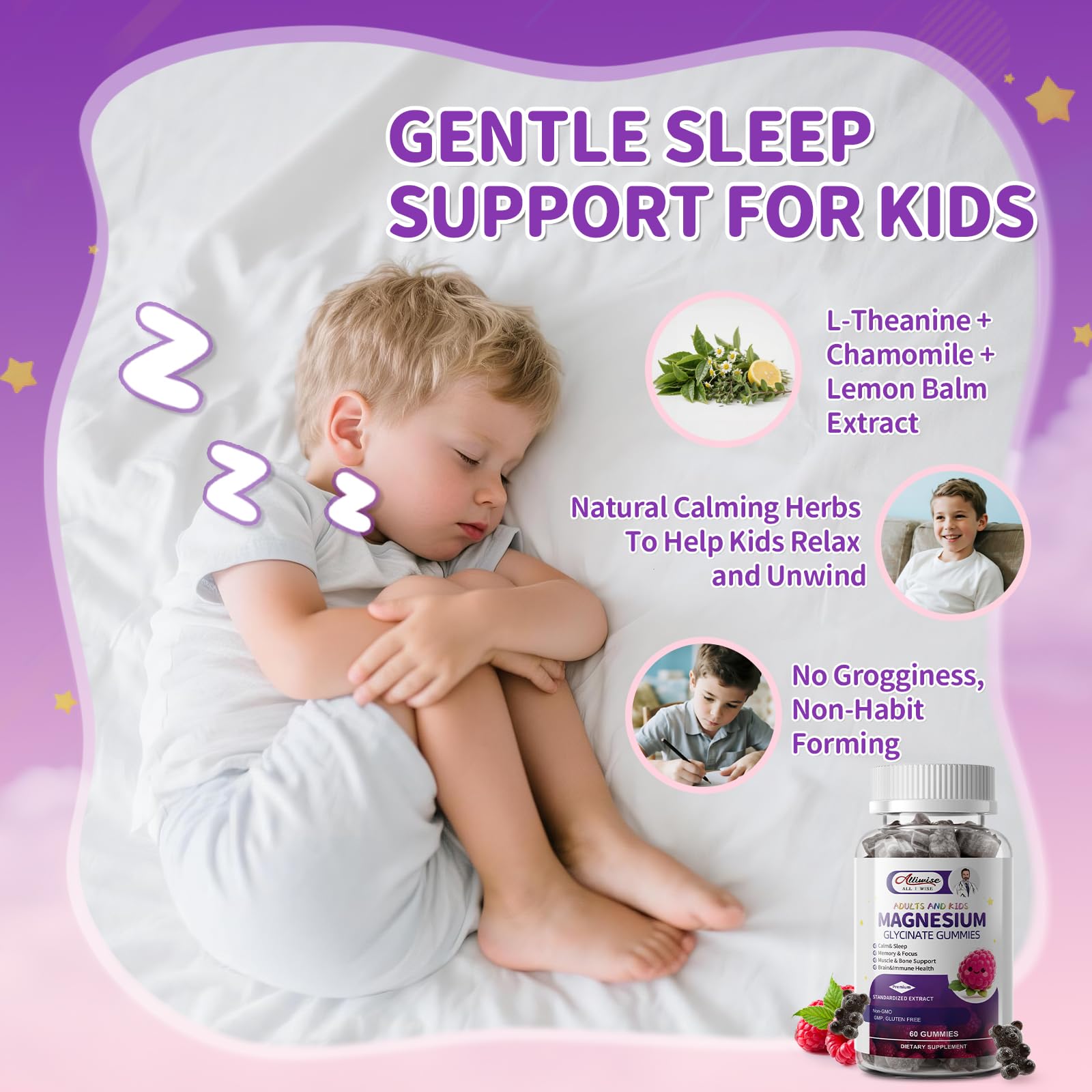 Kids Sleep Gummies – Magnesium Glycinate Gummies with DHA, L-Theanine, Chamomile & Lemon Balm, Melatonin Free Calm & Sleep Support, Raspberry Flavor